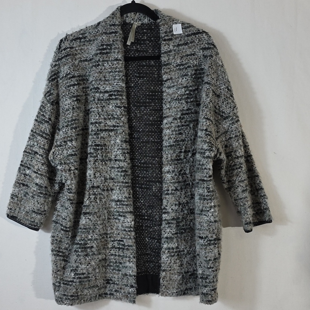 Mono B tweed Wool Blend open front cardigan with faux leather accent
